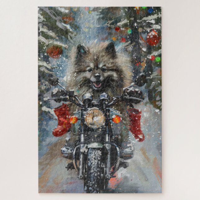 Keeshond Dog Riding Motorcycle Christmas Jigsaw Puzzle (Vertical)