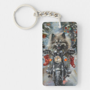 Keeshond Dog Riding Motorcycle Christmas Key Ring