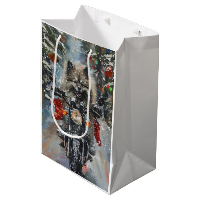 Keeshond Dog Riding Motorcycle Christmas Medium Gift Bag (Front Angled)