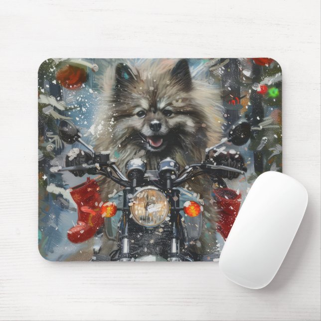 Keeshond Dog Riding Motorcycle Christmas Mouse Mat (With Mouse)