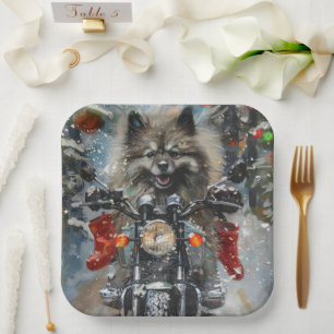 Keeshond Dog Riding Motorcycle Christmas Paper Plate