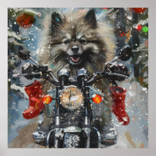 Keeshond Dog Riding Motorcycle Christmas Poster