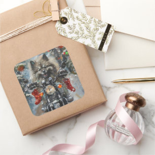 Keeshond Dog Riding Motorcycle Christmas Square Sticker