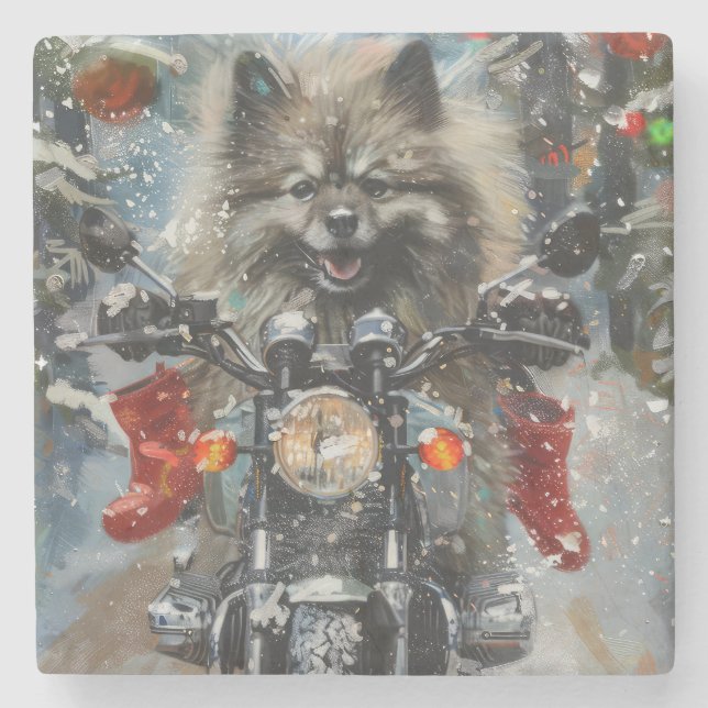 Keeshond Dog Riding Motorcycle Christmas Stone Coaster (Front)