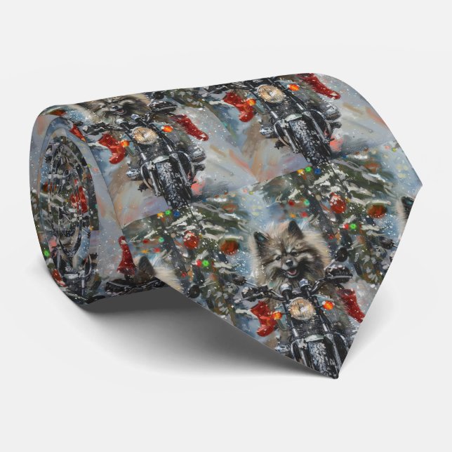 Keeshond Dog Riding Motorcycle Christmas Tie (Rolled)
