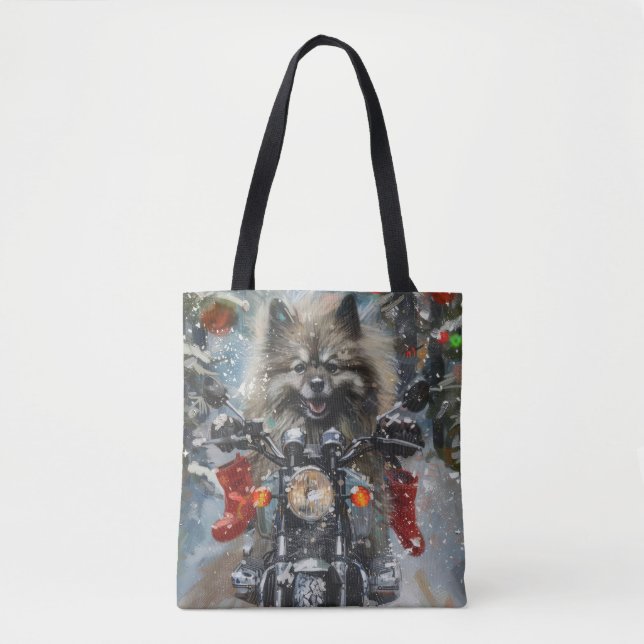 Keeshond Dog Riding Motorcycle Christmas Tote Bag (Front)