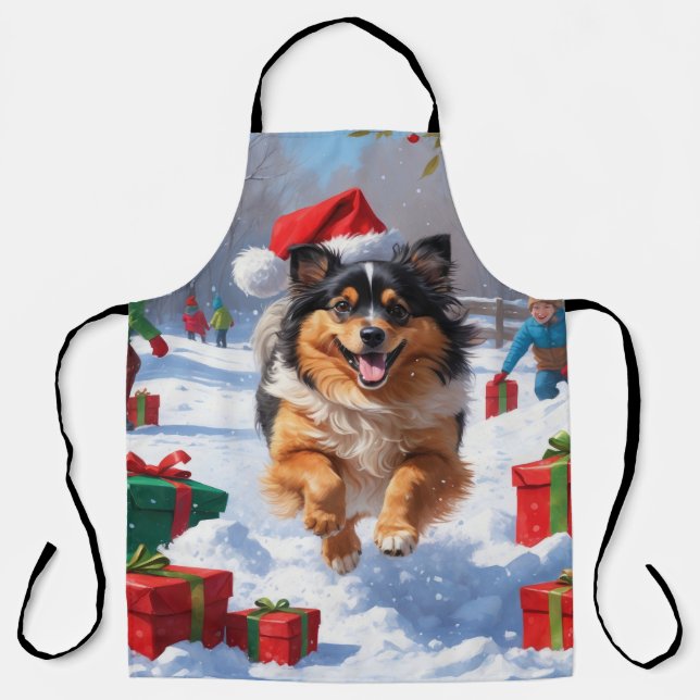 Keeshond Dog Running in Snow with Christmas Hat Apron (Front)