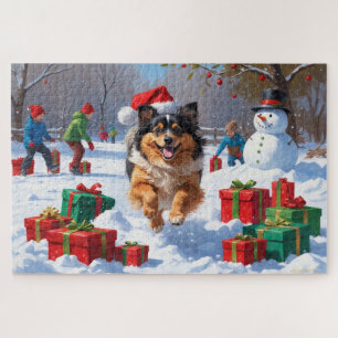 Keeshond Dog Running in Snow with Christmas Hat Jigsaw Puzzle