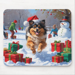 Keeshond Dog Running in Snow with Christmas Hat Mouse Mat