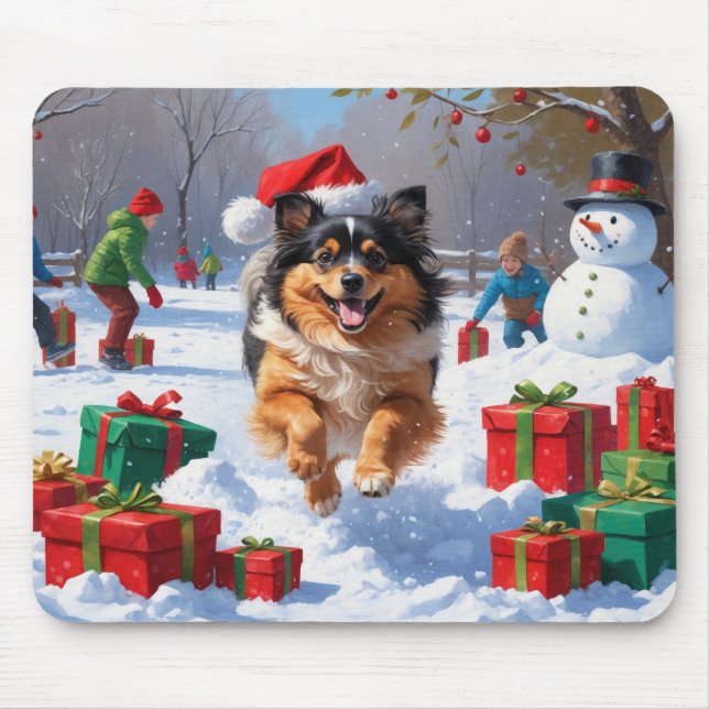 Keeshond Dog Running in Snow with Christmas Hat Mouse Mat (Front)