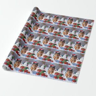 Keeshond Dog Running in Snow with Christmas Hat Wrapping Paper