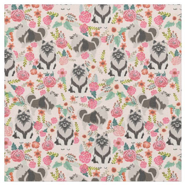 keeshond dog vintage florals pink fabric (Close Up)