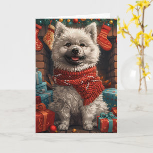 Keeshond Dog With Christmas Gifts Fireplace Card