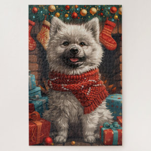 Keeshond Dog With Christmas Gifts Fireplace Jigsaw Puzzle