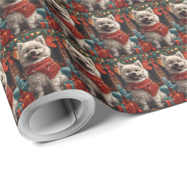 Keeshond Dog With Christmas Gifts Fireplace Wrapping Paper (Roll Corner)