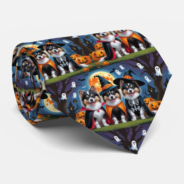 Keeshond Dogs Pumpkin Halloween Funny Tie (Rolled)