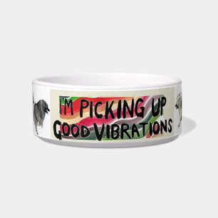 Keeshond food bowl with "Good Vibrations" logo