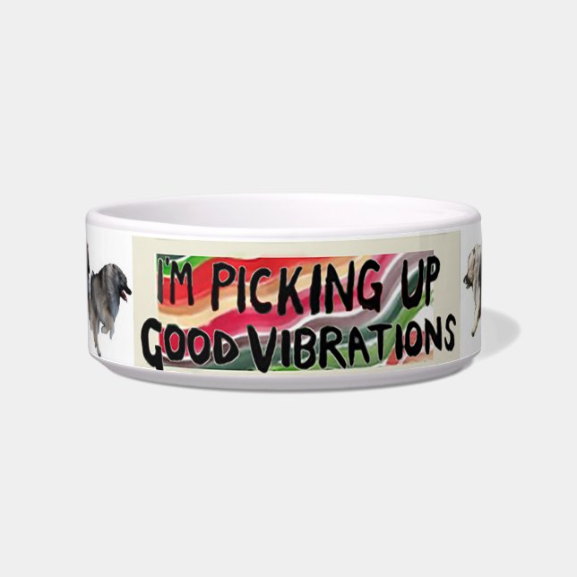 Keeshond food bowl with "Good Vibrations" logo (Front)