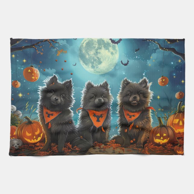 Keeshond Halloween Spooky Tea Towel (Horizontal)