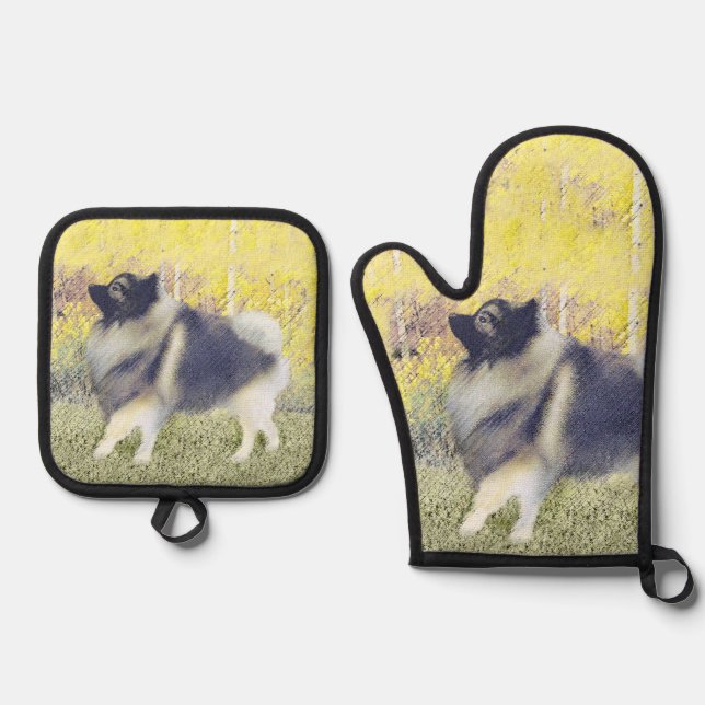 Keeshond in Aspen Painting Cute Original Dog Art Oven Mitt & Pot Holder Set (Front)