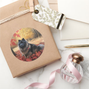 Keeshond in Autumn Leaves Fall Inspire  Classic Round Sticker