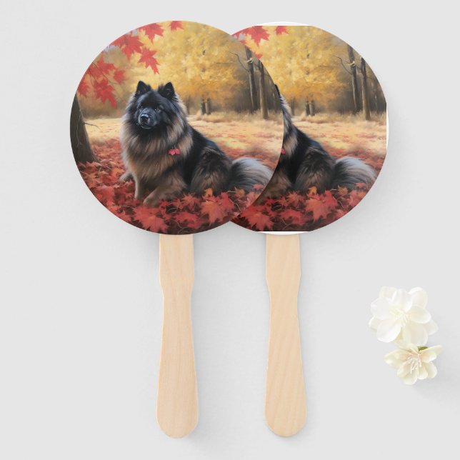 Keeshond in Autumn Leaves Fall Inspire  Hand Fan (Front and Back)