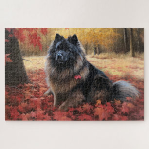 Keeshond in Autumn Leaves Fall Inspire Jigsaw Puzzle