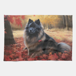 Keeshond in Autumn Leaves Fall Inspire Tea Towel