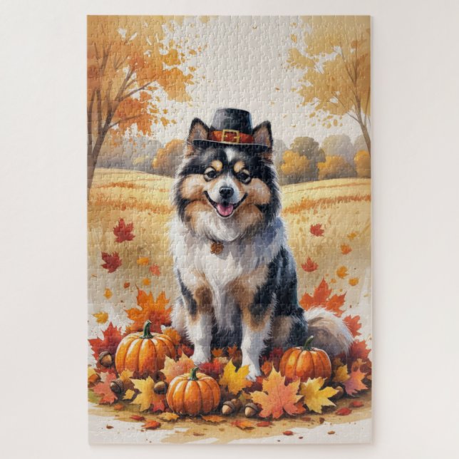 Keeshond In Autumn Leaves Thanksgiving Art Jigsaw Puzzle (Vertical)