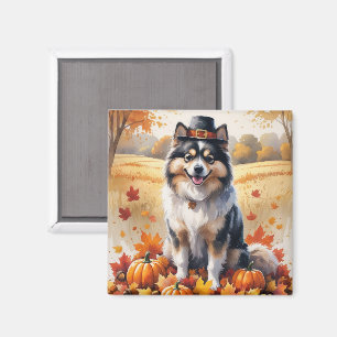 Keeshond In Autumn Leaves Thanksgiving Art Magnet