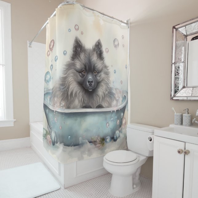 Keeshond In Bathtub Watercolor Dog Art Shower Curtain (In Situ)