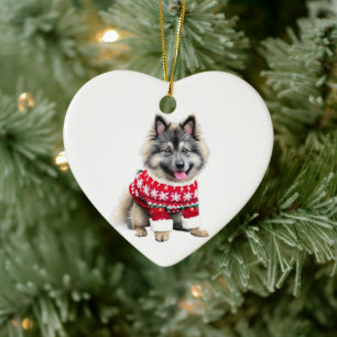 Keeshond in Christmas Sweater Ceramic Tree Decoration