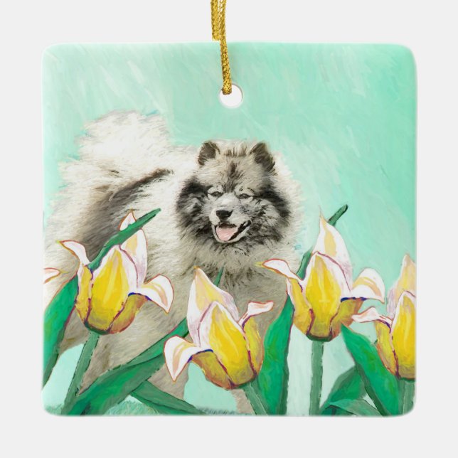 Keeshond in Tulips Painting - Cute Original Dog Ar Ceramic Ornament (Front)