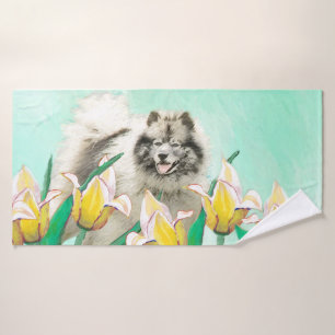 Keeshond in Tulips Painting Cute Original Dog Art Bath Towel Set