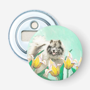 Keeshond in Tulips Painting Cute Original Dog Art Bottle Opener