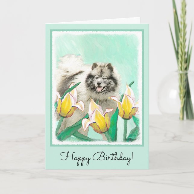 Keeshond in Tulips Painting Cute Original Dog Art Card (Front)