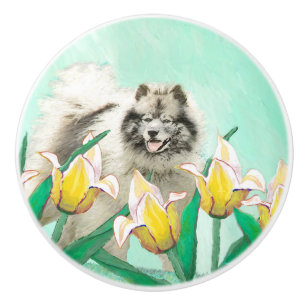 Keeshond in Tulips Painting Cute Original Dog Art Ceramic Knob