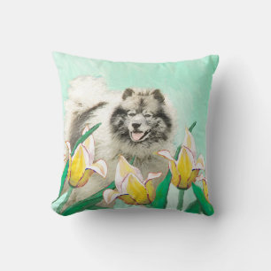 Keeshond in Tulips Painting Cute Original Dog Art Cushion