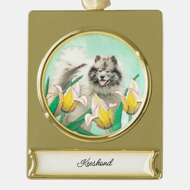 Keeshond in Tulips Painting Cute Original Dog Art Gold Plated Banner Ornament (Front)