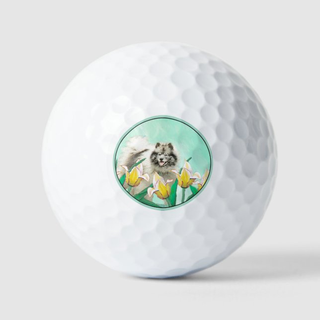 Keeshond in Tulips Painting Cute Original Dog Art Golf Balls (Front)