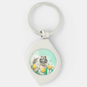 Keeshond in Tulips Painting Cute Original Dog Art Key Ring