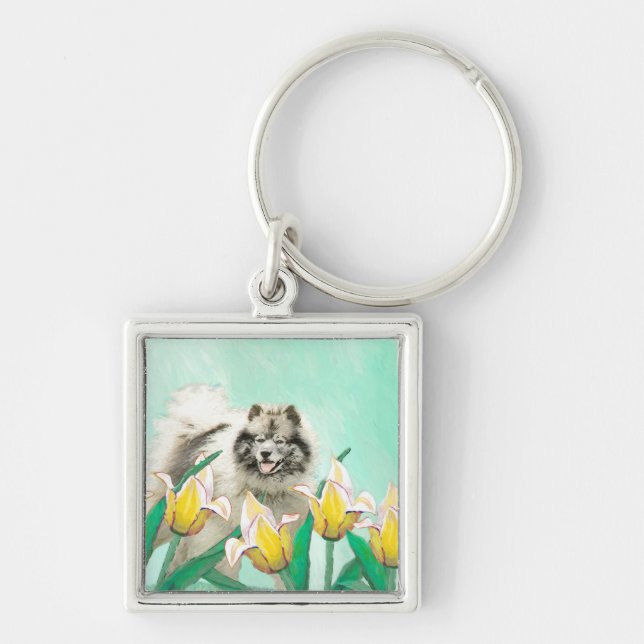 Keeshond in Tulips Painting Cute Original Dog Art Key Ring (Front)