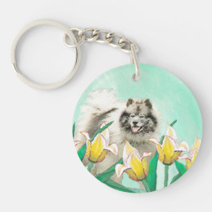 Keeshond in Tulips Painting Cute Original Dog Art Key Ring