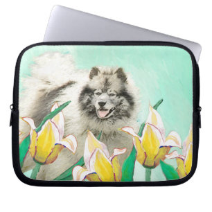 Keeshond in Tulips Painting Cute Original Dog Art Laptop Sleeve