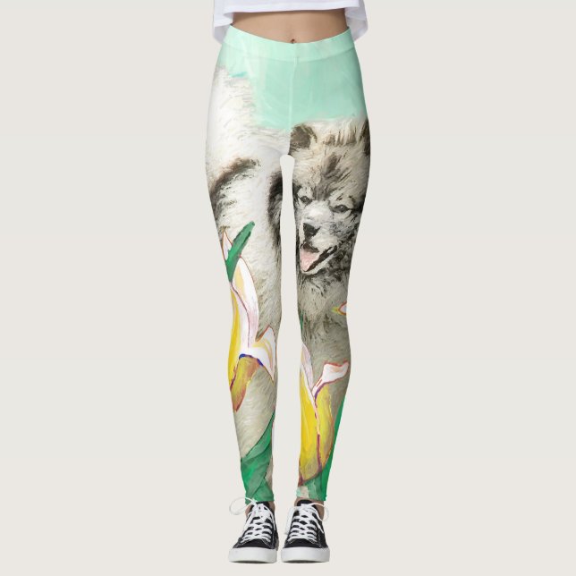 Keeshond in Tulips Painting Cute Original Dog Art Leggings (Front)