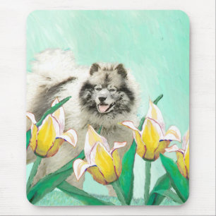 Keeshond in Tulips Painting Cute Original Dog Art Mouse Mat