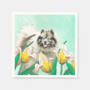 Keeshond in Tulips Painting Cute Original Dog Art Napkin