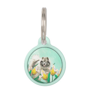 Keeshond in Tulips Painting Cute Original Dog Art Pet Tag