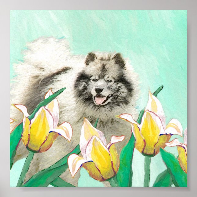Keeshond in Tulips Painting Cute Original Dog Art Poster (Front)