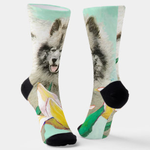 Keeshond in Tulips Painting Cute Original Dog Art Socks